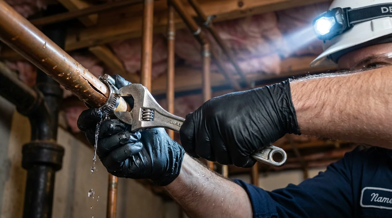 Emergency pipe clamp repair being performed by a Johns Plumbing LLC plumber in Biloxi